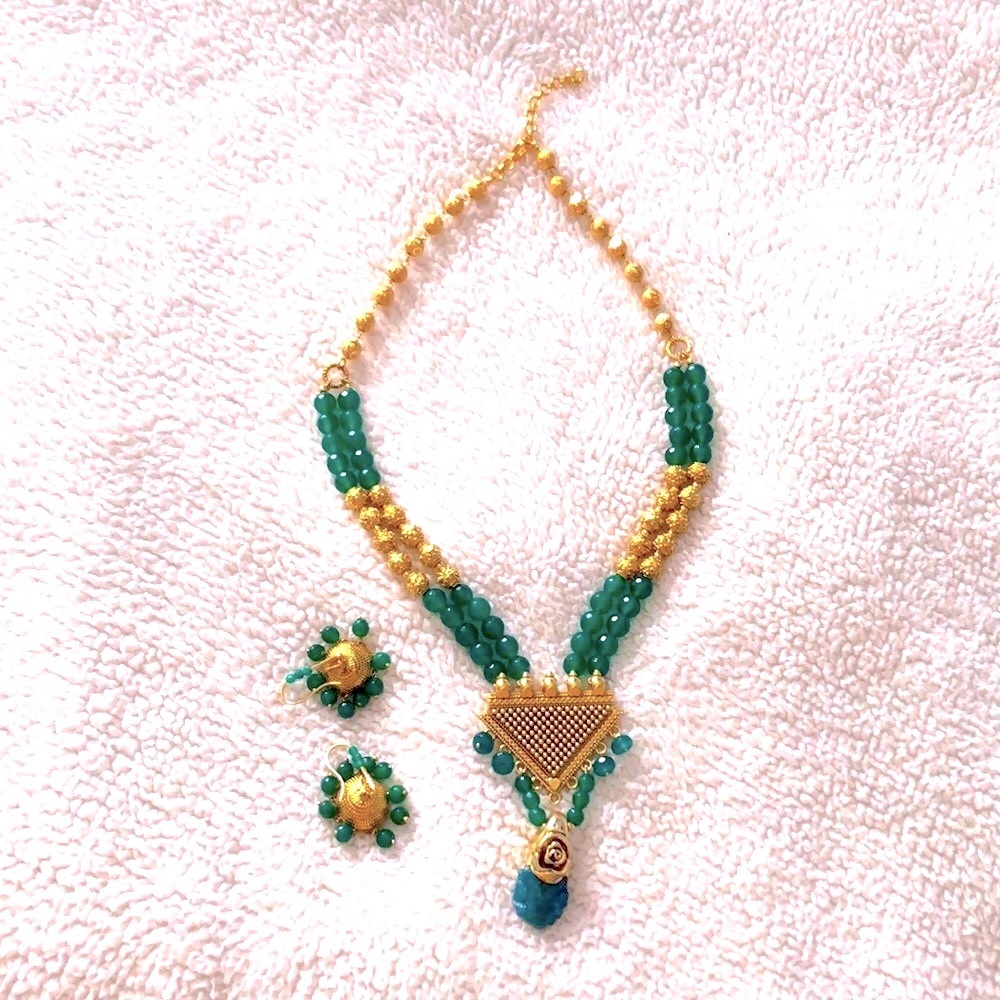 Authentic Indian traditional jewelry green beaded jumka earrings set